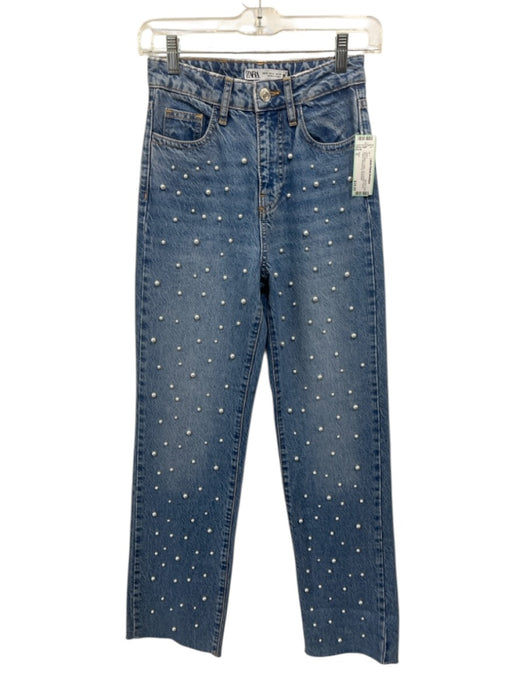 Zara Size 0 Blue Wash Cotton Zip & Button Pearls Faded Whiskering Jeans Blue Wash / 0