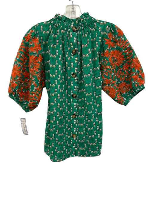 THML Size XS Green & Multi Cotton Blend Printed Mock Neck Button Puff Sleeve Top Green & Multi / XS