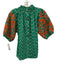 THML Size XS Green & Multi Cotton Blend Printed Mock Neck Button Puff Sleeve Top Green & Multi / XS