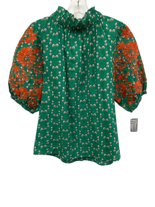 THML Size XS Green & Multi Cotton Blend Printed Mock Neck Button Puff Sleeve Top Green & Multi / XS