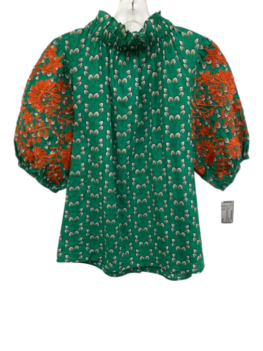 THML Size XS Green & Multi Cotton Blend Printed Mock Neck Button Puff Sleeve Top Green & Multi / XS