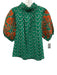 THML Size XS Green & Multi Cotton Blend Printed Mock Neck Button Puff Sleeve Top Green & Multi / XS