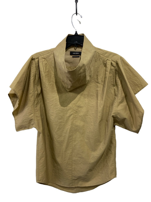 Isabel Marant Size 34 Tan cotton & polyamide Funnel Neck Pleated Cap Sleeve Top Tan / 34