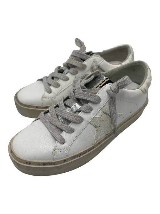 Shu Shop Shoe Size 6 White Leather Low Top lace up Metallic Detail Sneakers White / 6