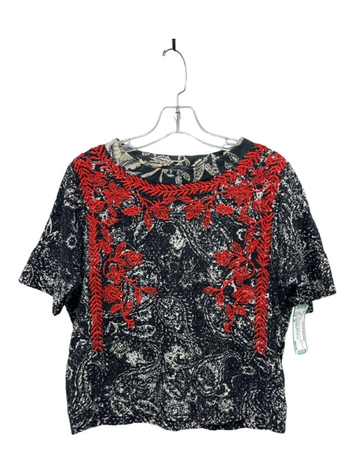 Isabel Marant Size 38 Black & Red Cotton Crochet Lace Embroidered Top Black & Red / 38