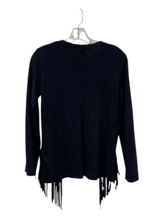 Sandro Size Est S Black Wool Blend Round Neck Long Sleeve Back Zip Fringe Top Black / Est S