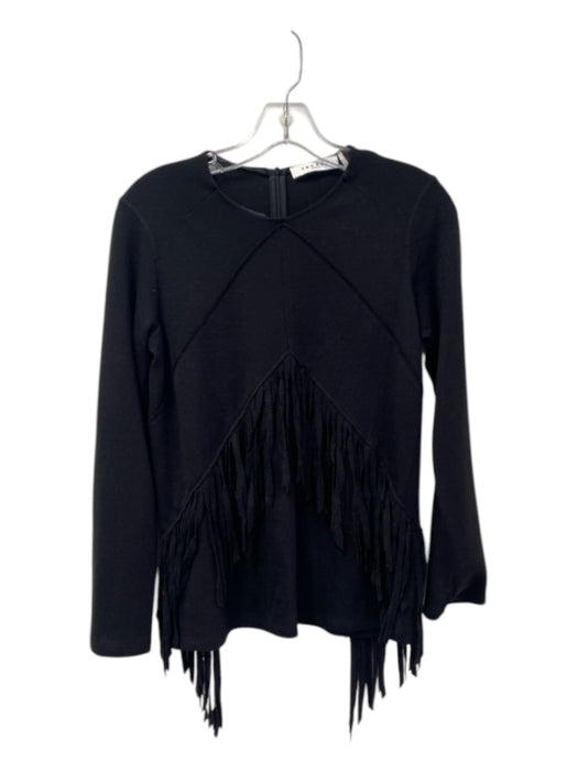 Sandro Size Est S Black Wool Blend Round Neck Long Sleeve Back Zip Fringe Top Black / Est S