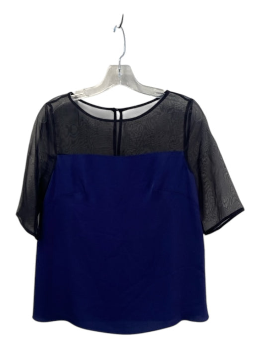 Milly Size S Black & Navy Silk Round Neck Short Sleeve Keyhole Back Top Black & Navy / S