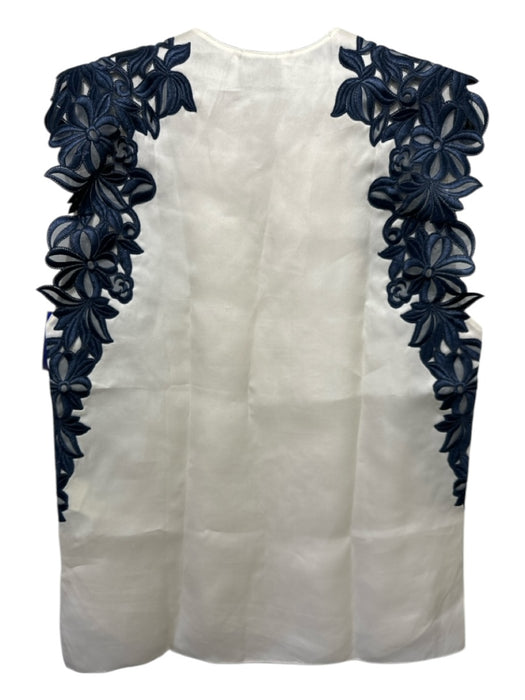 3.1 Phillip Lim Size 2 White & Blue Silk Embroidered Flowers Sheer V Neck Top White & Blue / 2