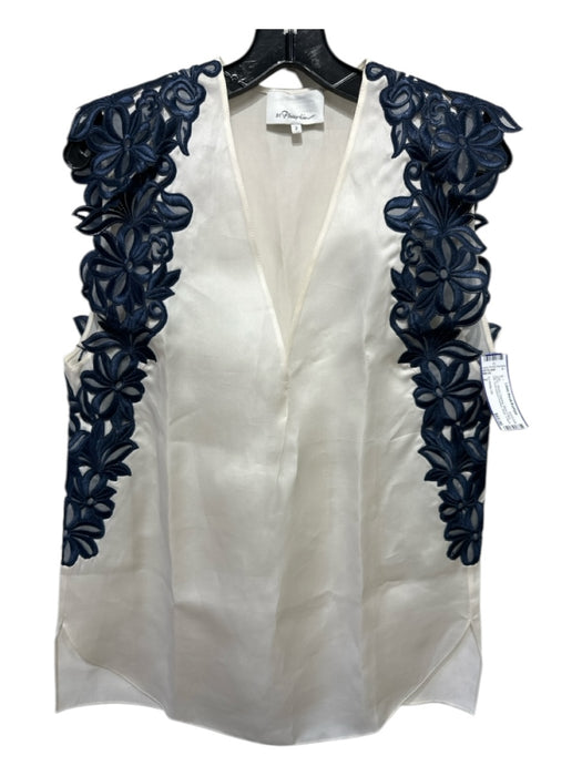 3.1 Phillip Lim Size 2 White & Blue Silk Embroidered Flowers Sheer V Neck Top White & Blue / 2