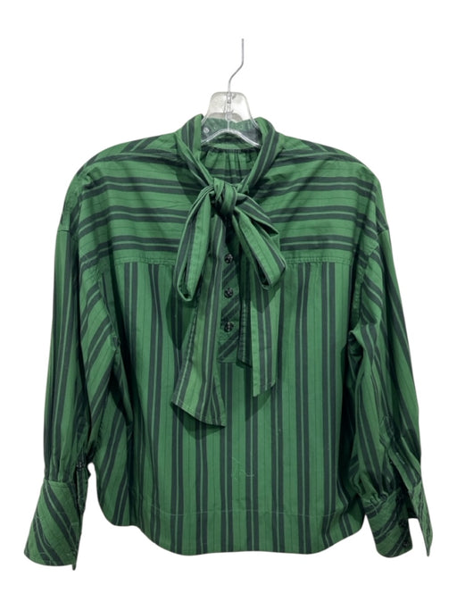 Ganni Size XXS/XS Green & Black Cotton Tie Neck Striped Button Detail Top Green & Black / XXS/XS
