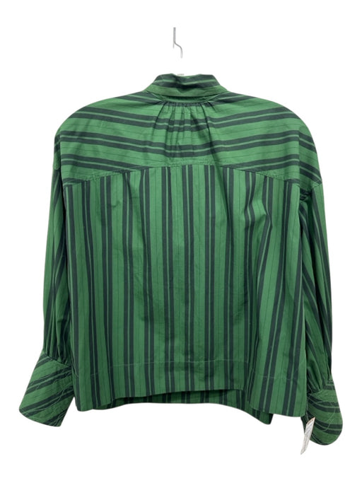 Ganni Size XXS/XS Green & Black Cotton Tie Neck Striped Button Detail Top Green & Black / XXS/XS