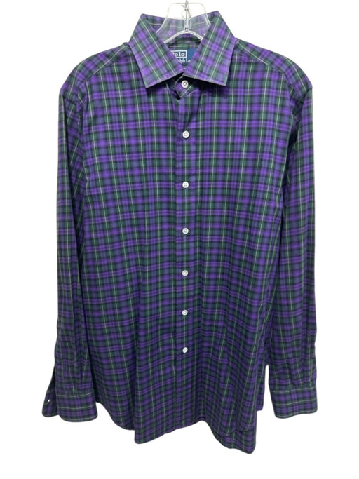 Polo Size M Green & Purple Print Cotton Plaid Button Up Men's Long Sleeve Shirt Green & Purple Print / M