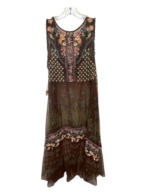 Johnny Was Size XL Brown & Blue Mesh Embroidered Maxi Semi Sheer Coverup Brown & Blue / XL