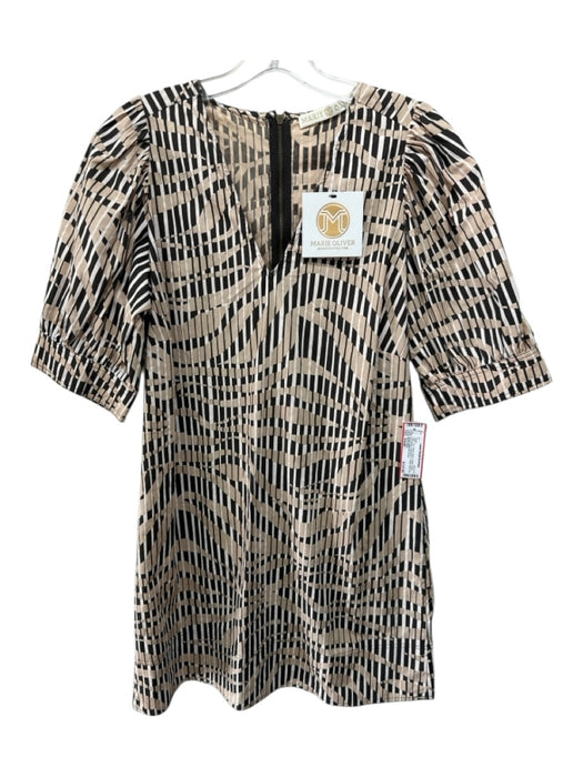 Marie Oliver Size Small Tan, White, Black Cotton Short Puff Sleeve V Neck Dress Tan, White, Black / Small