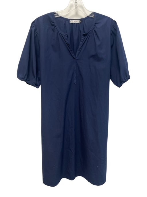Ex Voto Vintage Size S Navy Cotton high v neck Short Puff Sleeve Dress Navy / S