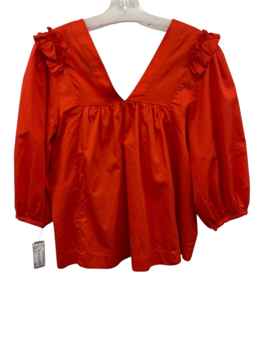 Harshman Size S Orange Cotton V Neck & Back Ruffle Detail Puff 3/4 Sleeve Top Orange / S