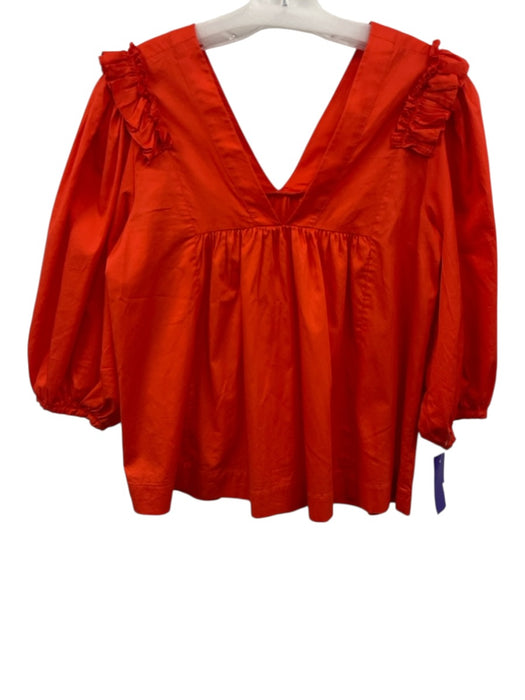 Harshman Size S Orange Cotton V Neck & Back Ruffle Detail Puff 3/4 Sleeve Top Orange / S