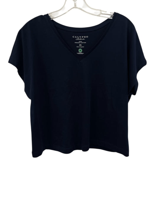 Calypso Size M Navy Cotton V Neck Short Sleeve Cropped Top Navy / M