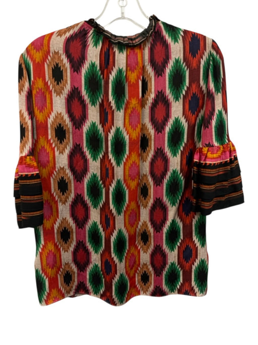 Alice & Olivia Size XS Red, Green & Multi Viscose Ruffle Collar V Neck Top Red, Green & Multi / XS