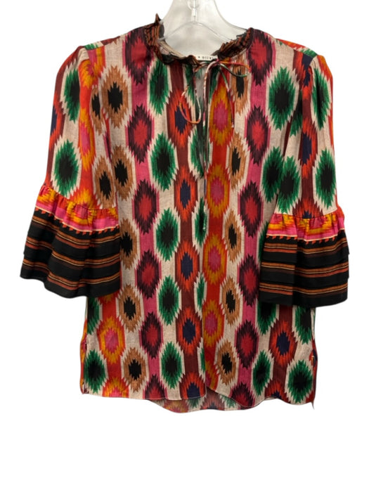 Alice & Olivia Size XS Red, Green & Multi Viscose Ruffle Collar V Neck Top Red, Green & Multi / XS