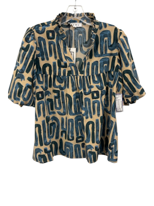 THML Size S Tan & Teal Polyester Blend Ruffle Collar V Neck Abstract Pattern Top Tan & Teal / S