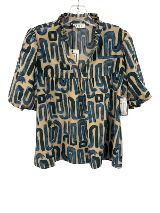 THML Size S Tan & Teal Polyester Blend Ruffle Collar V Neck Abstract Pattern Top Tan & Teal / S