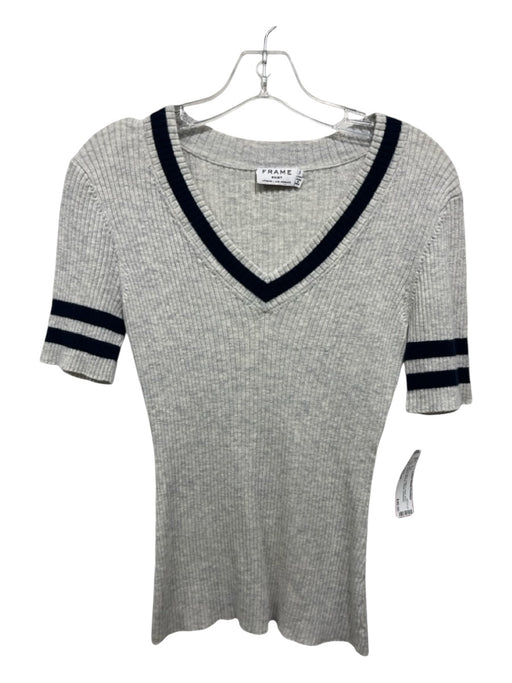 Frame Size Small Gray & Navy Cotton & Wool Short Sleeve Ribbed Striped Top Gray & Navy / Small