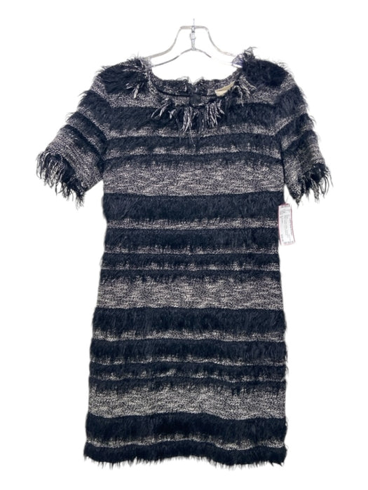 Nicole Miller Size 2 Black & Cream Cotton Short Sleeve tweed Striped Fuzzy Dress Black & Cream / 2