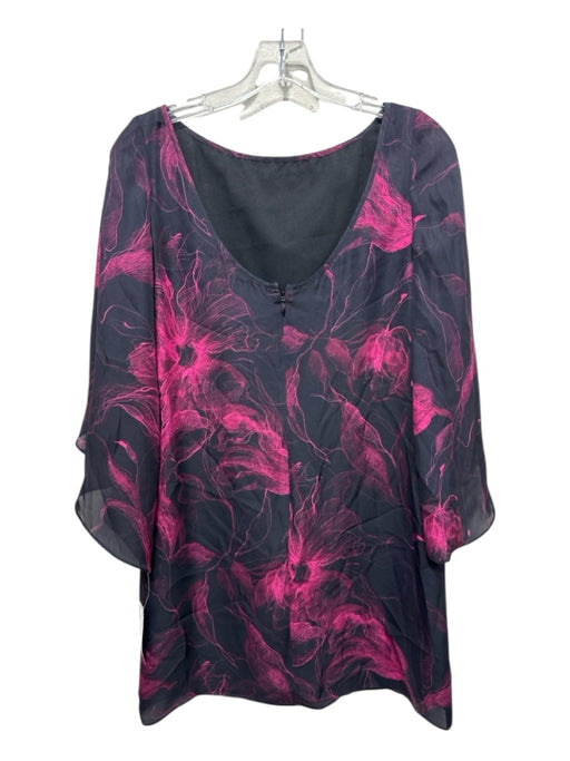 Milly Size 2 Black & Magenta Silk Abstract Floral Knee Length Split Sleeve Dress Black & Magenta / 2