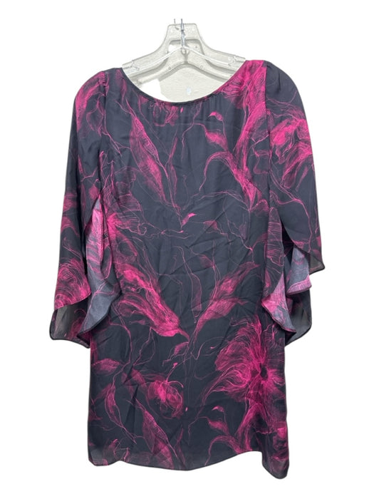 Milly Size 2 Black & Magenta Silk Abstract Floral Knee Length Split Sleeve Dress Black & Magenta / 2