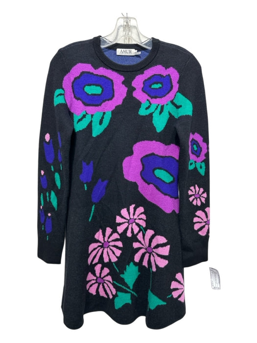 AMUR Size S Black, Purple, Green Merino Wool Flowers Sweater Fit & Flare Dress Black, Purple, Green / S