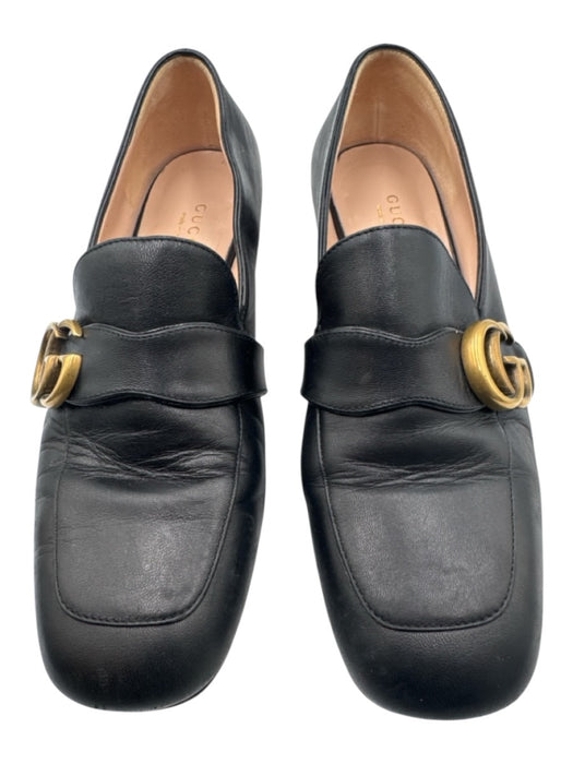 Gucci Shoe Size 36.5 Black Leather Square Toe Metal Logo Slip On Loafers Black / 36.5