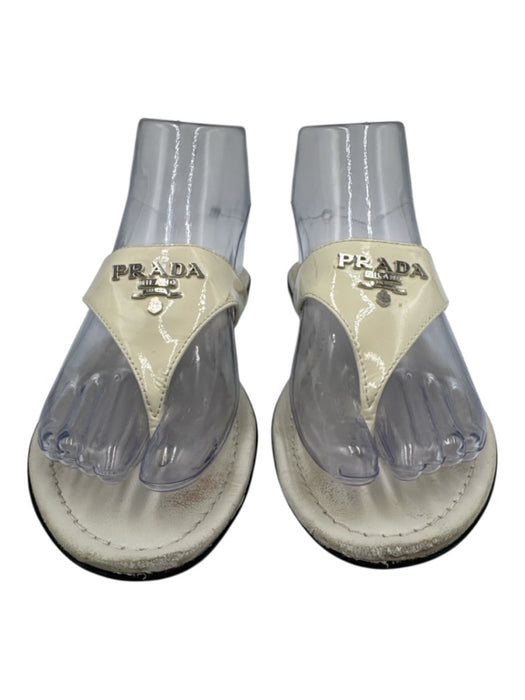 Prada Shoe Size 37 White Leather Flip Flop Thong Strap Logo Sandals White / 37