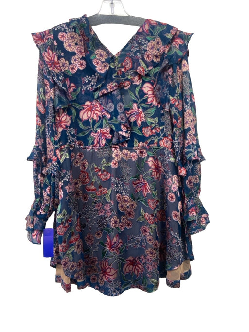 For Love & Lemons Size S Blue & Multi Viscose Floral Satin Ruffle Dress Blue & Multi / S