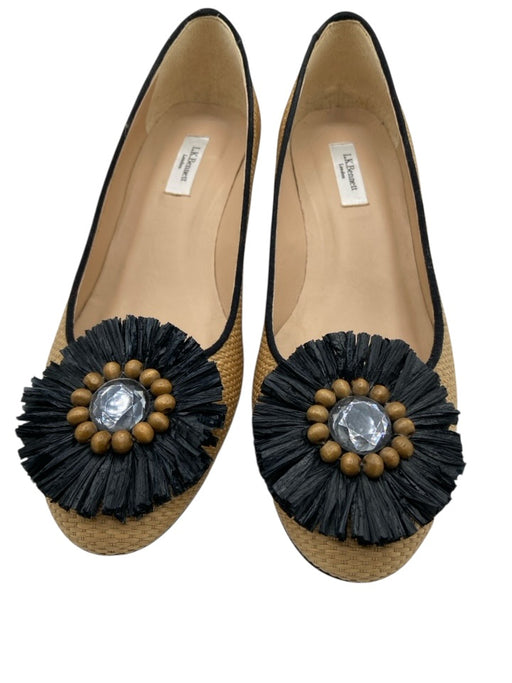 LK Bennett Shoe Size 38.5 Tan & black Leather Woven Straw Accent Pumps Tan & black / 38.5
