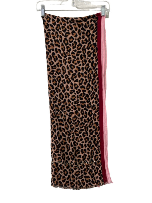 Kate Spade Tan, Black, Pink, Red Viscose Animal Print Stripe Trim Raw Edge scarf Tan, Black, Pink, Red