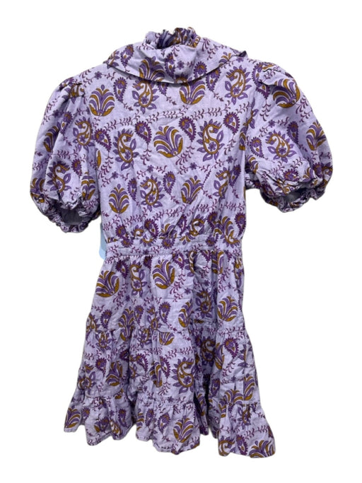 RAHI Size XS Purple & Yellow Cotton Paisley Short Puff Sleeve V Neck Dress Purple & Yellow / XS