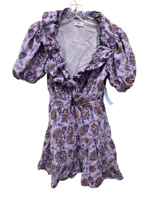 RAHI Size XS Purple & Yellow Cotton Paisley Short Puff Sleeve V Neck Dress Purple & Yellow / XS