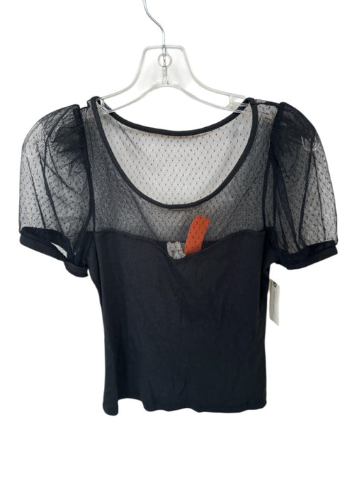 Maeve Size S Black Cotton Blend Short Balloon Sleeve Sheer Trim Detail Top Black / S