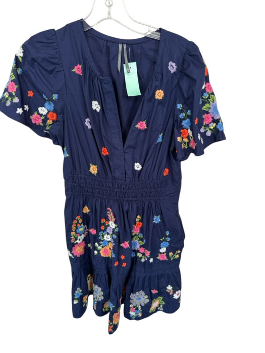 By Anthropologie Size S Navy Cotton Blend Pockets Floral Embroidered Mini Dress Navy / S
