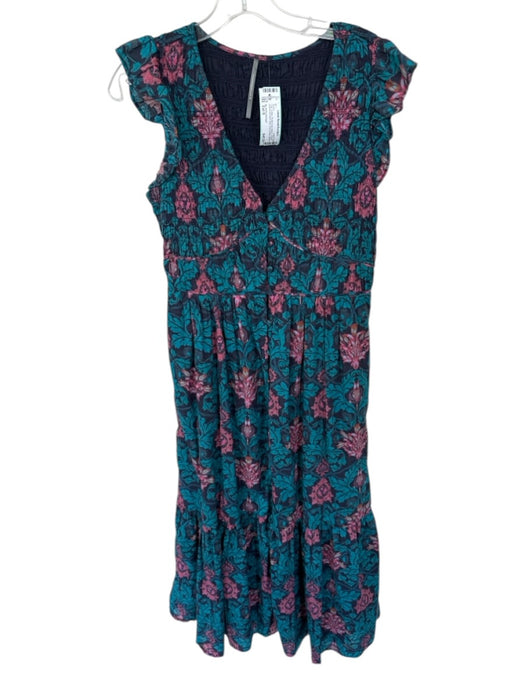By Anthropologie Size Est S Teal Cotton Flutter Cap sleeve V Neck Dress Teal / Est S