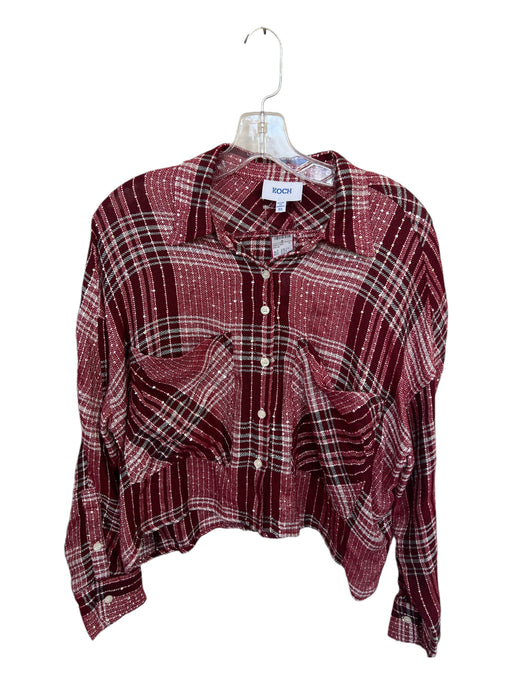 Koch Size XS Maroon & White Polyester Long Sleeve Sequins Plaid Button Down Top Maroon & White / XS