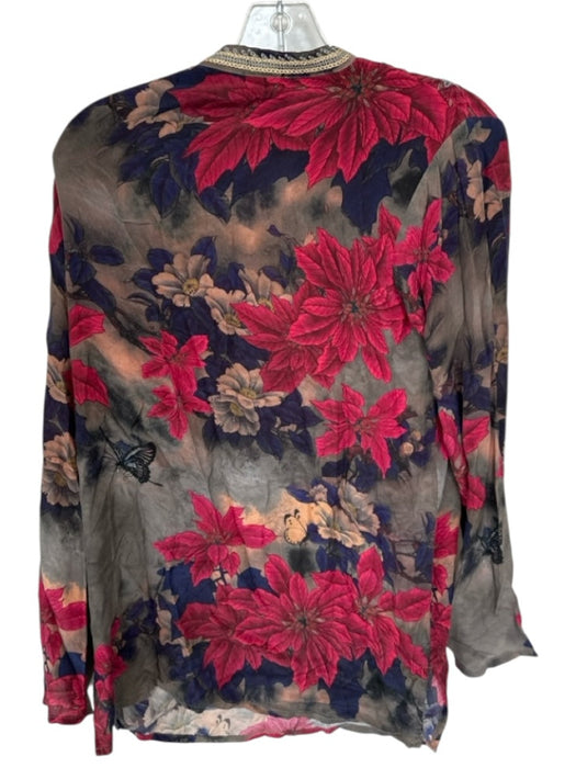 Johnny Was Size XS Navy & Maroon Silk Long Sleeve Flowers Embroidered Top Navy & Maroon / XS