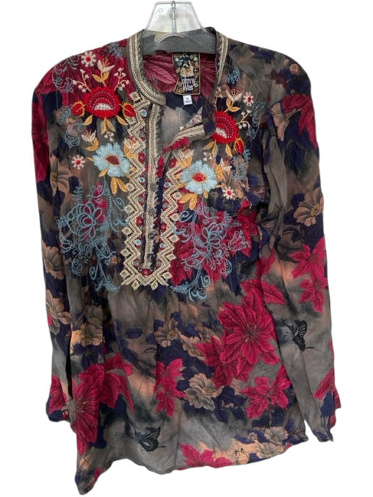 Johnny Was Size XS Navy & Maroon Silk Long Sleeve Flowers Embroidered Top Navy & Maroon / XS