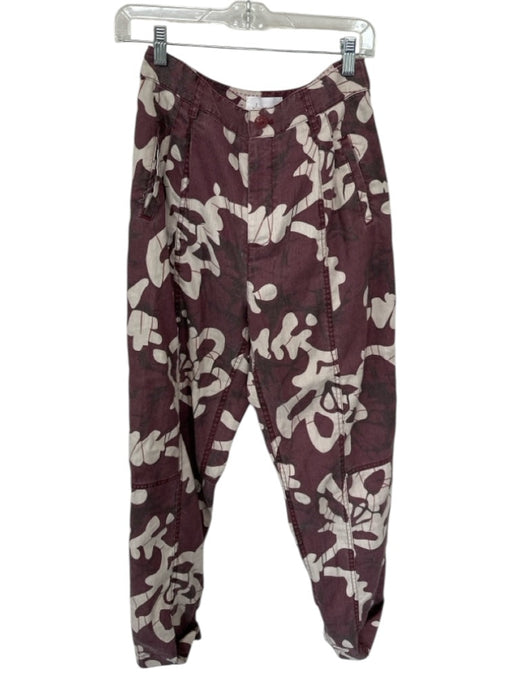 By Anthropologie Size 27T Maroon & Cream Linen Blend High Waist Abstract Pants Maroon & Cream / 27T