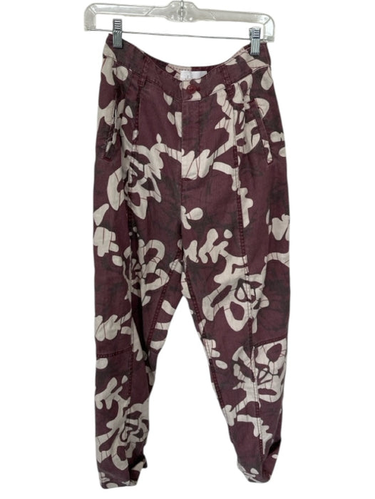By Anthropologie Size 27T Maroon & Cream Linen Blend High Waist Abstract Pants Maroon & Cream / 27T