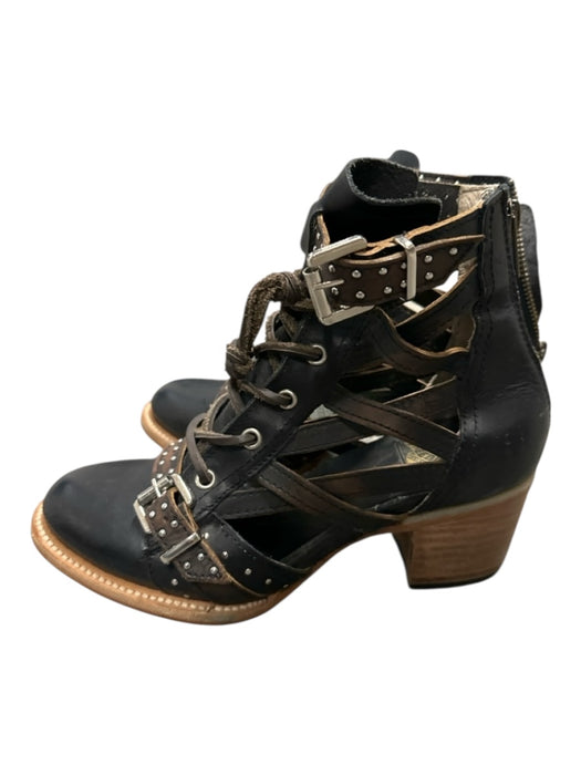 Free Bird Shoe Size 7 Black & Brown Leather Studded Block Heel Cut Outs Booties Black & Brown / 7