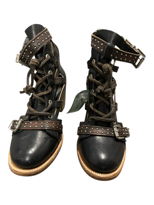 Free Bird Shoe Size 7 Black & Brown Leather Studded Block Heel Cut Outs Booties Black & Brown / 7