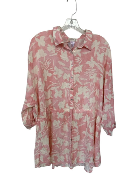 L Space Size M/L Pink & White Rayon Long Sleeve Flowers Elastic Waist Dress Pink & White / M/L